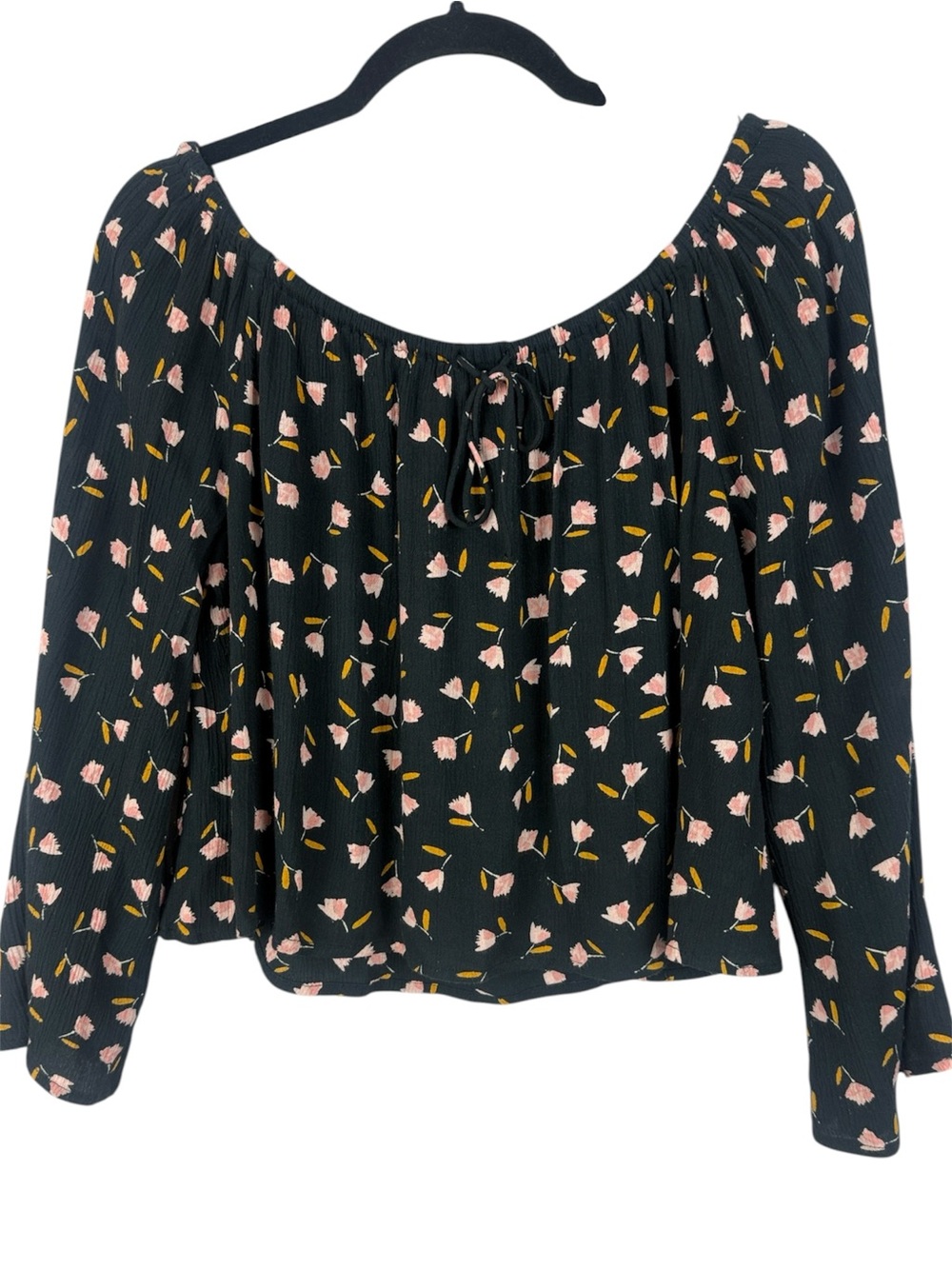 Billabong Boho Chic Black Off-Shoulder Floral Tie-Front Long Sleeve Large Blouse